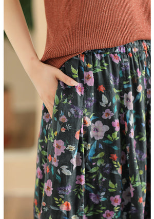 Chân váy linen lưng thun in hoa lá kiểu hai lớp - NU10222