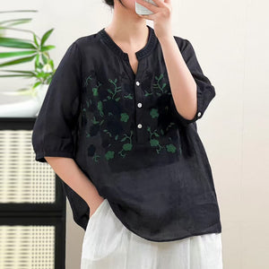 Áo sơ mi linen ngắn tay cổ đứng xẻ V thêu hoa lá - A933