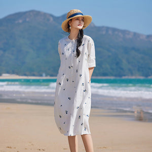 Đầm liền linen ngắn tay cổ tròn thêu hoa tulip - NU9905