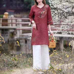 Đầm liền linen tay lửng cổ V thêu hoa văn retro - NU9986