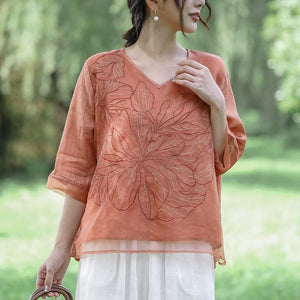 Áo sơ mi linen ngắn tay cổ V thêu hoa nổi hai lớp - NU9860
