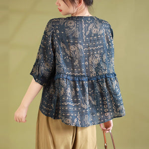 Áo sơ mi linen ngắn tay cổ V in retro kiểu đính ren - NU8930
