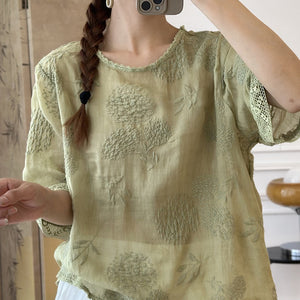 Áo sơ mi linen ngắn tay cổ tròn thêu hoa cẩm tú cầu - NU10403