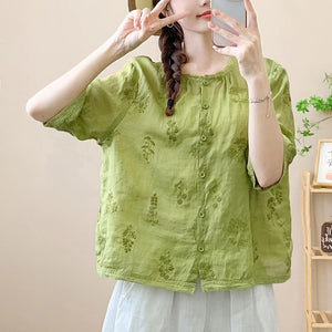 Áo sơ mi linen ngắn tay cổ tròn thêu hoa lá đồng màu - NU9850