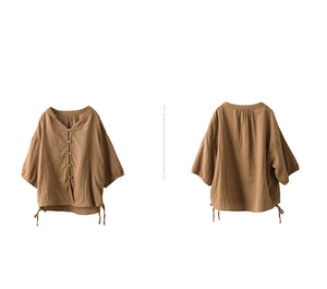 Áo sơ mi linen ngắn tay cổ đứng khuy tròn - A825