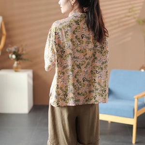 Áo sơ mi ngắn tay cổ đức in hoa lá retro - A054