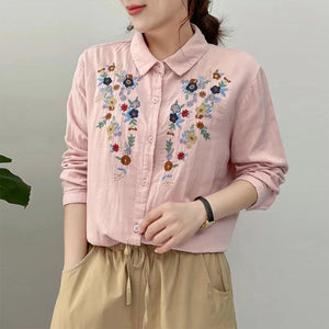 Áo sơ mi linen dài tay cổ đức thêu hoa trước ngực - NU10331