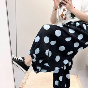 Quần baggy lửng lưng thun ống rộng chấm bi lớn - Q128