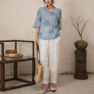Áo sơ mi linen tay lửng cổ tròn khuy cài lệch thêu hoa lá - NU9911