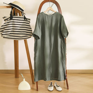 Đầm liền linen ngắn tay cổ tròn khuy cài hai bên - D005