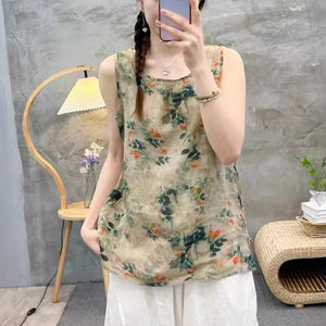 Áo T-shirt linen sát nách cổ tròn in hoa lá - NU9989