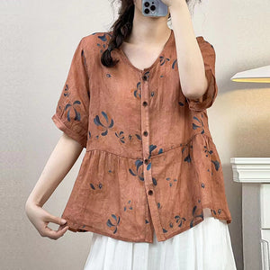 Áo sơ mi linen ngắn tay cổ V kiểu hai tầng in hoa lá - NU10244