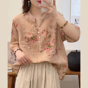 Áo sơ mi linen ngắn tay in hoa - A1004
