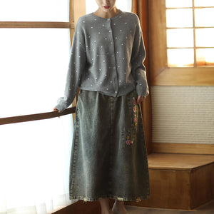 Chân váy denim lưng thun dây rút thêu hoa hồng - V072