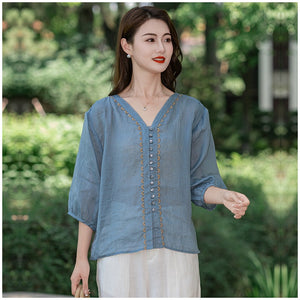 Áo sơ mi linen tay lửng cổ V thêu viền - NU10015