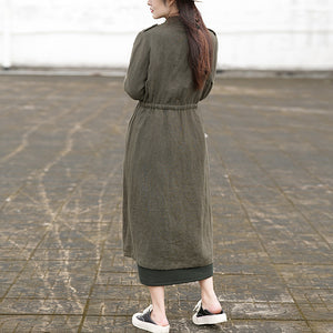 Áo khoác măng tô linen dài tay eo thắt dây đơn sắc - NU9510