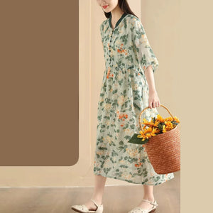 Đầm liền linen ngắn tay cổ V - D120