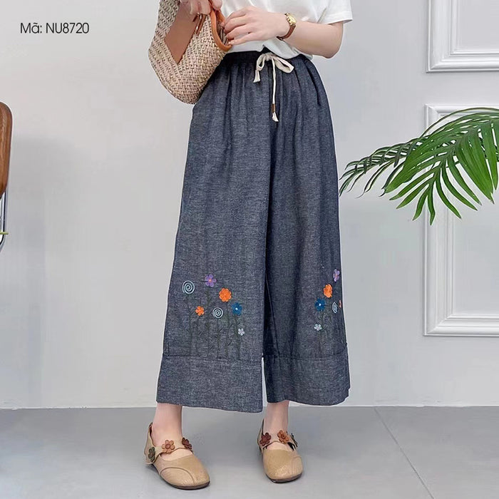 Quần baggy lưng thun ống rộng thêu hoa lá trừu tượng - NU8720