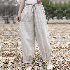 Quần baggy linen lưng thun dây rút túi vuông bo gấu - NU9794