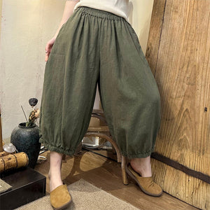 Quần baggy linen lửng lưng thun ống rộng bo gấu - Q005