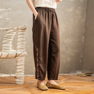 Quần baggy linen lửng lưng thun dây rút thêu đối xứng - Q261