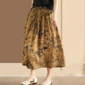Chân váy linen retro lưng thun in hoa lá - NU10064