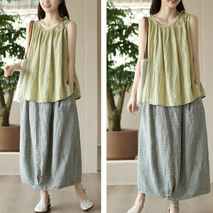 Chân váy linen caro lưng thun khuy cài hai túi chéo - NU8804