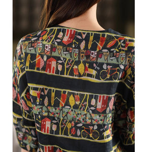 Áo sơ mi linen ngắn tay cổ V in hoa văn trừu tượng - A915