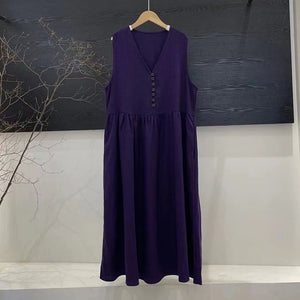 Đầm liền linen sát nách cổ V khuy cài - D033