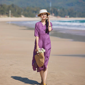 Đầm liền linen ngắn tay cổ V thêu trước ngực - NU9903