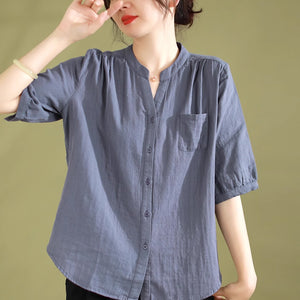 Áo sơ mi linen ngắn tay cổ đứng xẻ V một túi - NU8936