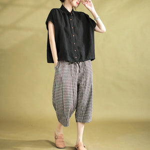 Quần baggy linen lửng lưng thun kẻ caro - NU10125