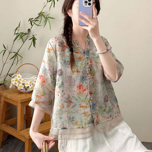Áo sơ mi linen ngắn tay cổ V đính ren in hoa lá - NU9814