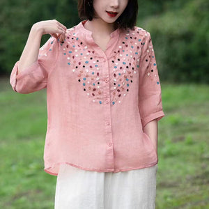 Áo sơ mi linen ngắn tay cổ V thêu hoa liti màu sắc - NU9845