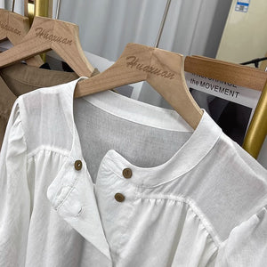 Áo sơ mi linen dài tay bồng cổ đứng  - A696