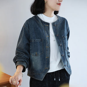 Áo khoác denim dài tay cổ tròn vạt chéo - A069