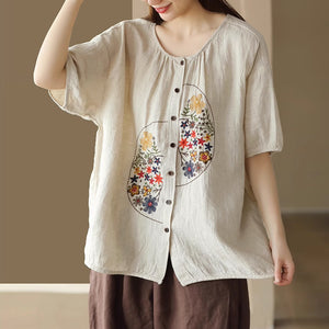 Áo sơ mi linen ngắn tay cổ tròn thêu hoa lá lệch - NU8949