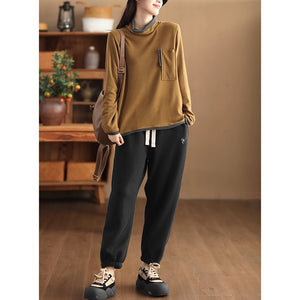 Áo T-shirt dài tay cổ lọ phối màu đơn sắc một túi - NU9381