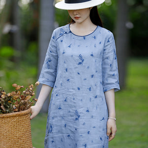 Đầm liền linen ngắn tay cổ tròn hai khuy thêu hoa retro - NU10508