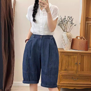 Quần sooc denim lưng thun khuy cài đan mắt cáo - NU10466