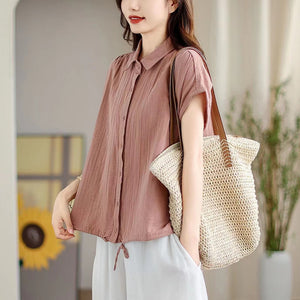 Áo sơ mi linen sát nách cổ đức vạt bằng dây rút - NU10397