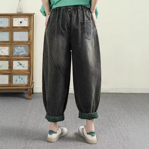 Quần baggy denim lửng lưng thun thêu hoa văn trừu tượng caro - Q159