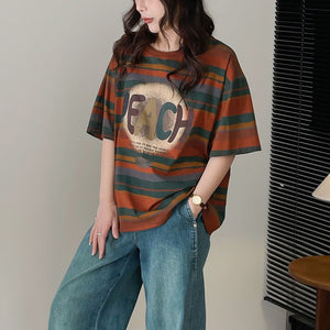 Áo T-shirt Peach ngắn tay cổ tròn kẻ sọc sắc màu - NU9953