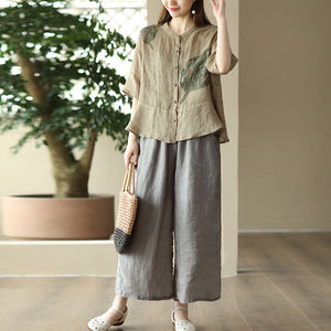 Áo sơ mi linen ngắn tay cổ tàu in hoa lá retro khuy tròn - NU8854