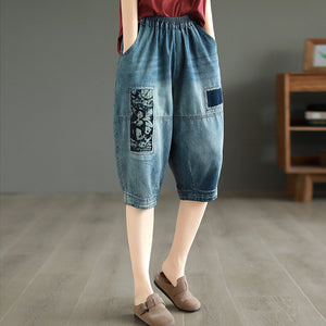 Quần baggy lửng denim lưng thun vá hình ảnh retro - NU8829