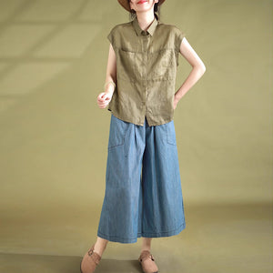 Quần baggy linen lưng thun ống rộng kẻ sọc hai túi lớn - NU8919