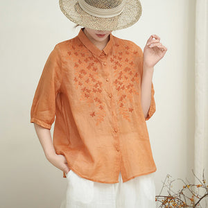 Áo sơ mi linen ngắn tay cổ pipi thêu hoa trước ngực - A975