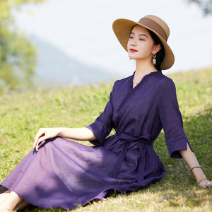 Đầm liền linen ngắn tay cổ V xếp ly eo thắt dây - NU10414