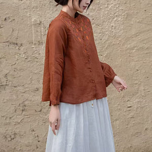 Áo sơ mi linen dài tay cổ đứng thêu hoa lá trái tim - A711