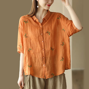 Áo sơ mi linen ngắn tay cổ đức thêu ren hoa lá - NU10058